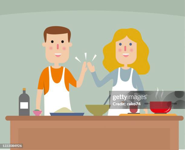 young couple cooking dinner - couple making dinner stock illustrations
