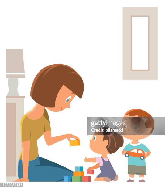 illustrazioni stock, clip art, cartoni animati e icone di tendenza di madre e bambini che giocano con i giocattoli nella sala giochi - genitori neonato