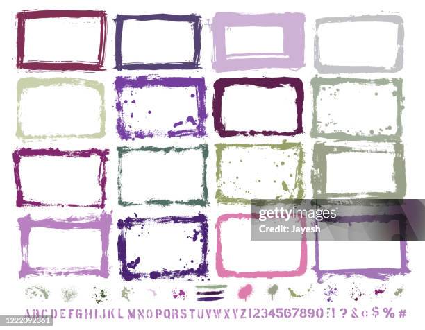 vector hand-painted texture border & paint splash set : artist’s own collection - stencil font stock illustrations