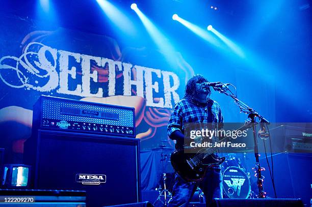 Shaun Morgan of Seether performs at the 2011 Rockstar Energy Drink UPROAR Festival at the Susquehanna Bank Center on August 26, 2011 in Camden, New...