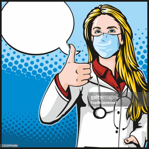 weibliche arzt trägt gesichtsmaske geben daumen nach oben - doctor speech bubble stock-grafiken, -clipart, -cartoons und -symbole