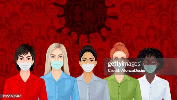 the coronavirus pandemic and the new world. invisible killer. - woman protective face mask stock illustrations