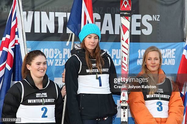 Lucie Tait-Jamieson of New Zealand , Taylor Rapley of New Zealand and Rikke Gasmann-Brott of Norway on the podium for the Super G on day 15 of the...