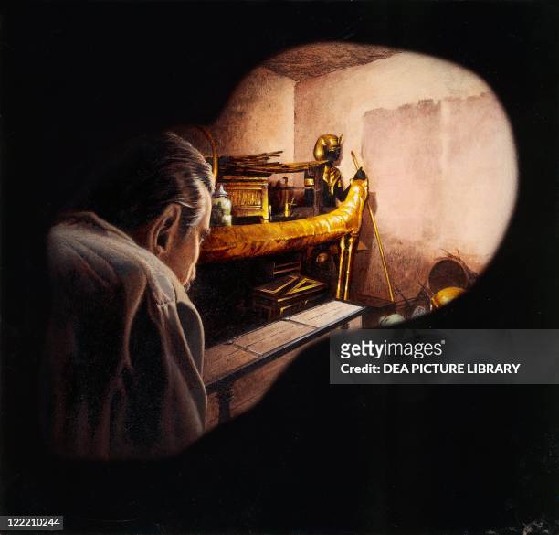 Archaeology. Egypt. Howard Carter enters burial chamber at Tutankhamen's tomb. Color illustration.