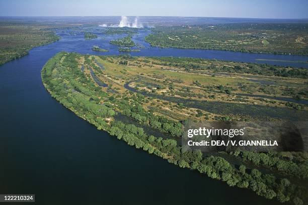 Zambia - Mosi-oa-Tunya National Park - The course of Zambesi River near Vittoria Falls - Aerial view.