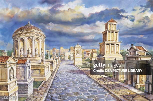 Archaeology - Italy. Rome. Reconstructed Appian Way. Colour illustration.