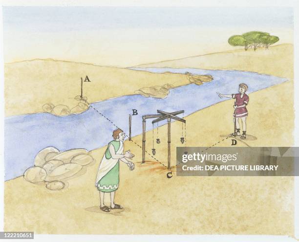 Ancient Rome. Land survey on a river bank. Roman Centuriation traced with the assistance of a "groma" . Color illustration.