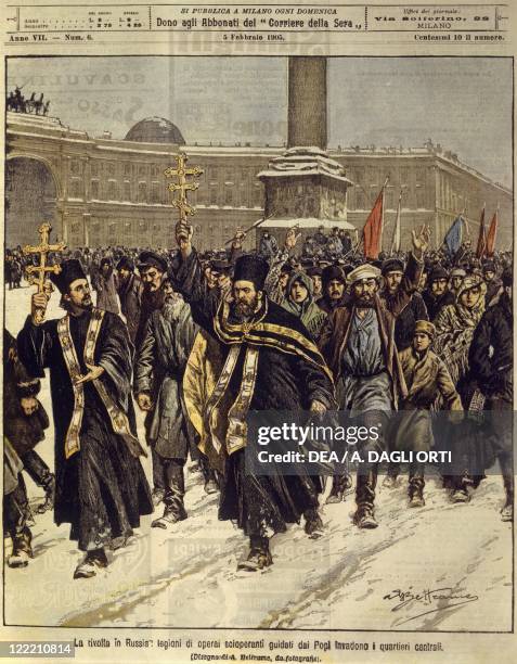 Russian Empire, 20th century - Russian revolution, striking workers invade the centre of Saint Petersburg. Cover illustration from La Domenica del...