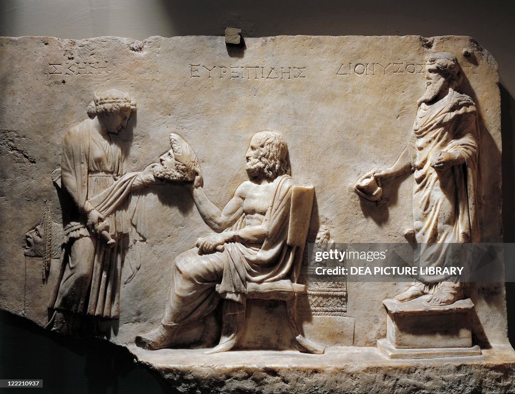 Marble relief portraying Euripides receiving tragic mask as sign of acknowledgment, from Smyrna, Turkey