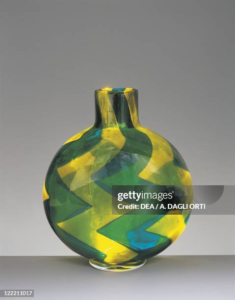 Glassware - Italy - 20th century. Vase. Marquetry series. Turquoise and yellow. Barovier & Toso, 1961.