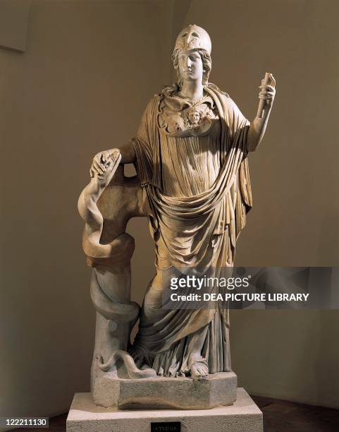 Roman civilization, 1st century A.D. Marble statue of Athena with the snake. Restored by Alessandro Algardi .