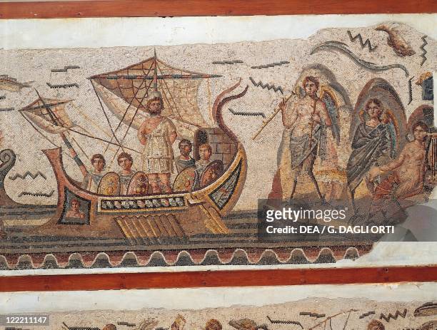 Roman civilization, 3rd century A.D. Mosaic depicting Ulysses and the Sirens' island, 260 A.D. From Thugga .