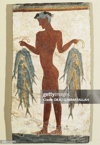 Greek civilization, 16th century b.C. Fresco depicting a fisherman, 1500 b.C. From Akrotiri, Thera, Greece.