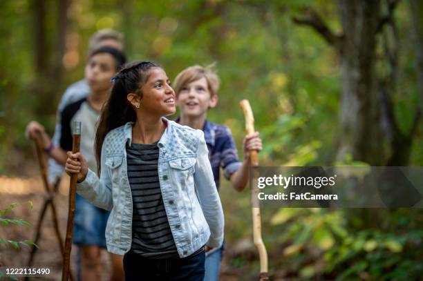 elementary school kids hiking - educação ambiental imagens e fotografias de stock