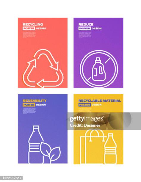 recycling and zero waste vector banner design concept. outline line icon vector illustration template for websites, presentation etc. - reduce waste infographic stock illustrations
