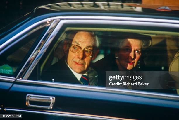 British Prime Minister, Margaret Thatcher's political career of 11 years ends emotionally by being driven through the gates of Downing Street after...