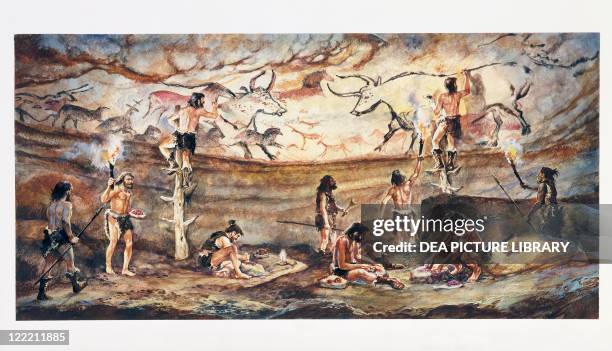 Prehistory. France - Limousin - Lascaux Cave. Reconstructed cave painting of bulls. Color illustration.