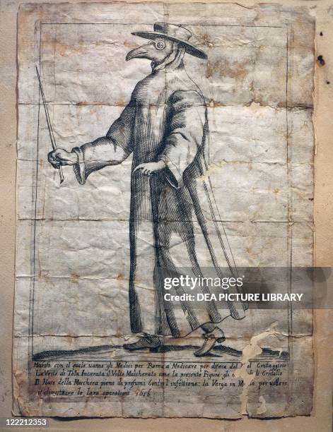 Italy - XVII century. The plague doctor used to wear a waxed coat, a sort of protective goggles and gloves, the beak of their masks contained...