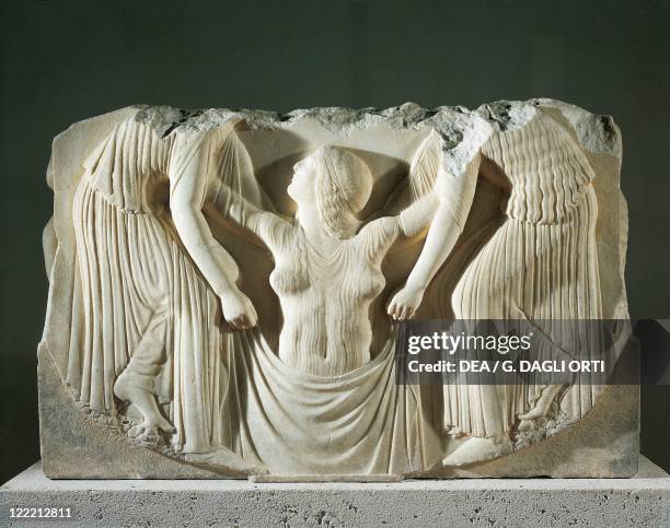 Greek civilization, 5th century b.C. Ludovisi Throne, Thasos marble. Detail of relief depicting the birth of Aphrodite.