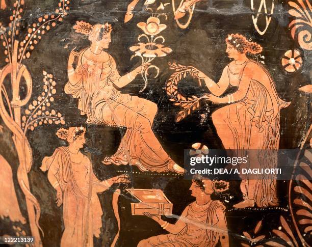 Greek civilization, 4th century b.C. Red-figure pottery. Attic vase depicting the Garden of the Hesperides. Detail.