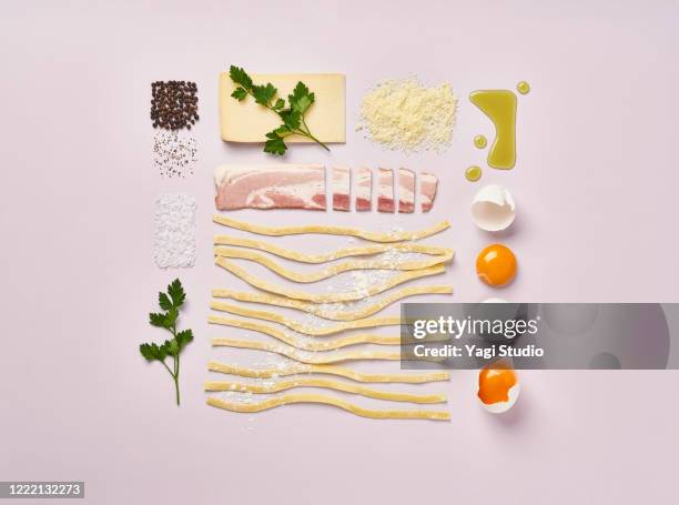 knolling style of carbonara pasta - salsa carbonara fotografías e imágenes de stock