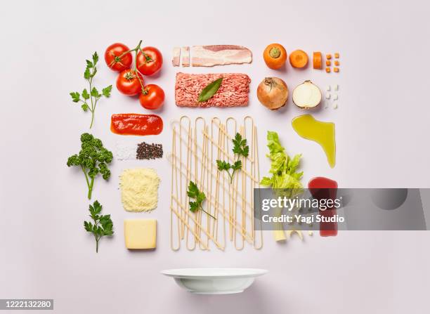 knolling style of bolognese pasta - olive oil bowl stock pictures, royalty-free photos & images