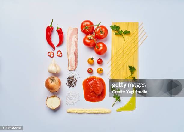 knolling style of amatriciana pasta - ingredient flatlay stock pictures, royalty-free photos & images