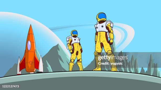 vector astronaut team auf einem mond stock illustration - space suit stock-grafiken, -clipart, -cartoons und -symbole