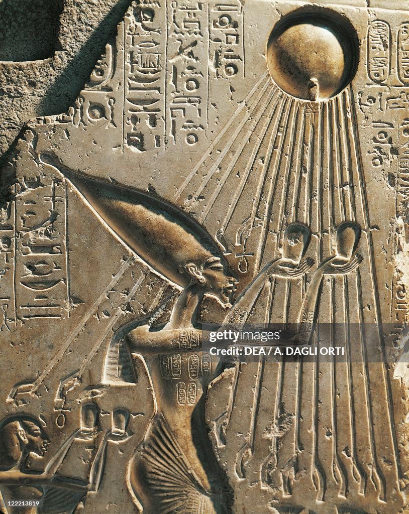 Egypt, Tell el-Amarna, Bas-relief depicting Amenhotep IV (Pharaoh Akhenaten, circa1360- 1342) while worshiping the solar disc, eighteenth dynasty, New Kingdom, limestone 