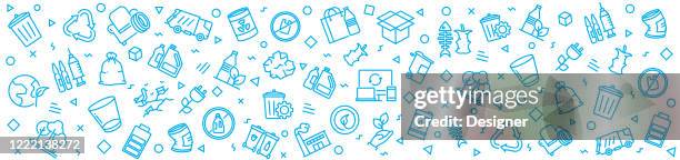 recycling and zero waste vector banner design concept. outline line icon vector illustration template for websites, presentation etc. - reduce waste infographic stock illustrations
