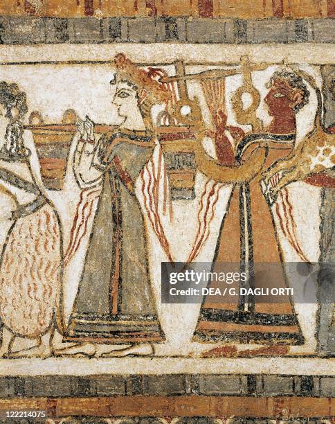 Minoan civilization, 16th century b.C. Aghia Triadha sarcophagus. Detail of the procession of ladies. From Aghia Triadha .