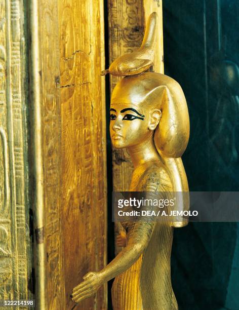 Egyptian civilization, New Kingdom, Dynasty XVIII. Treasure of Tutankhamen. Gilded shrine of canopic jars or canopic chest. Detail with goddess...