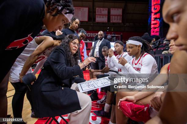 Head coach C. Vivian Stringer of the Rutgers Scarlet Knights during a huddle at Rutgers Athletic Center on January 20, 2020 in Piscataway, New Jersey.