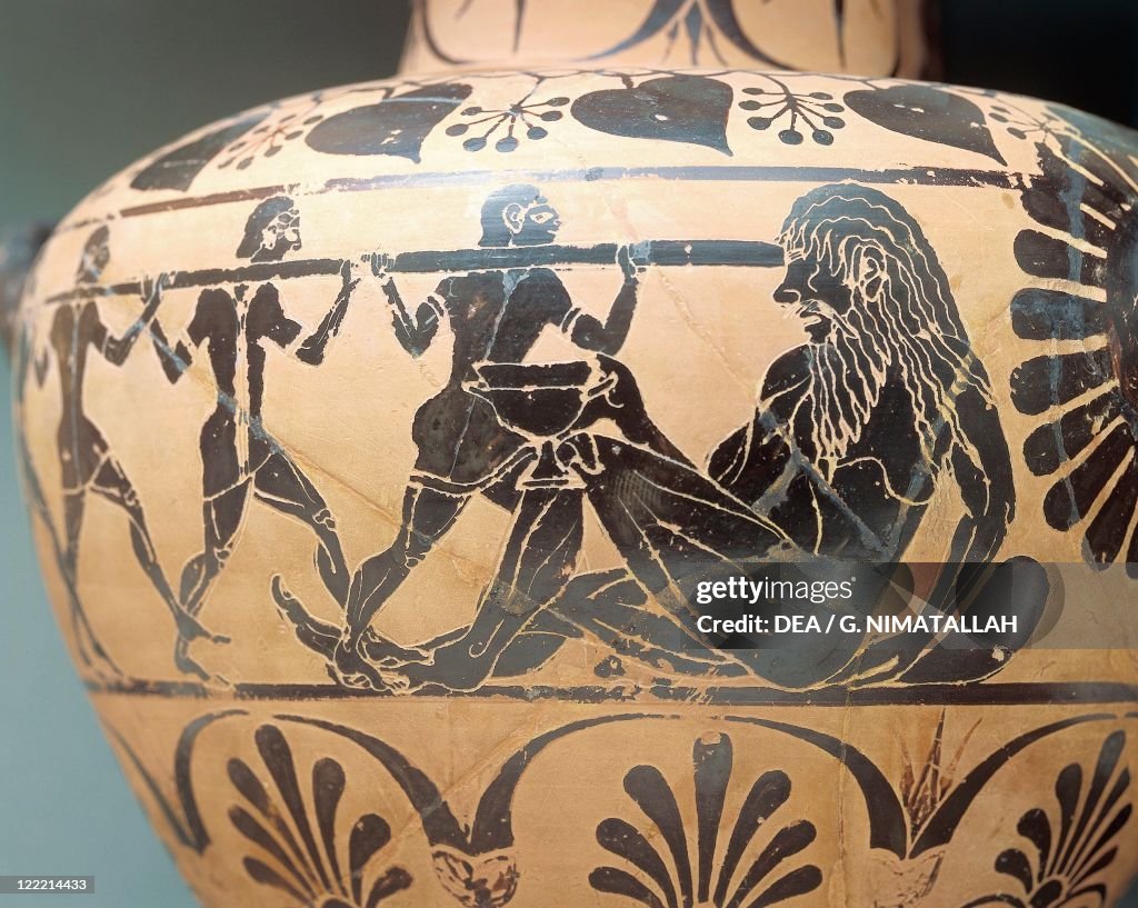 Black-figure pottery. Hydria depicting blinding of Polyphemus from Cerveteri, Rome, detail