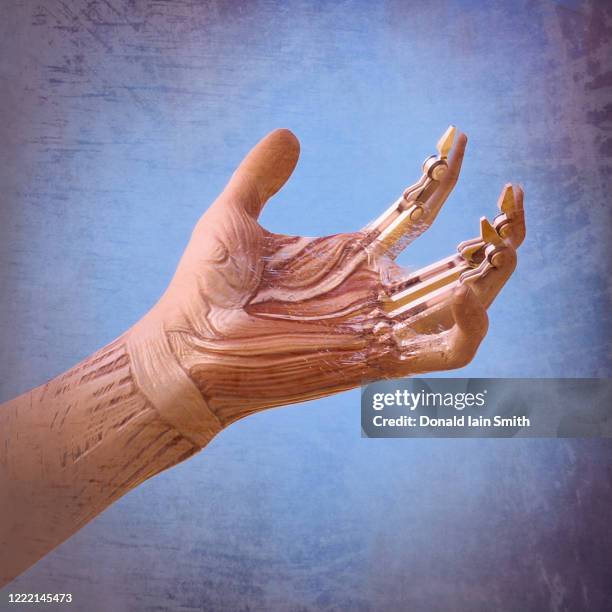 cyborg hand revealed beneath layers of skin and flesh - bionic skin stock-fotos und bilder