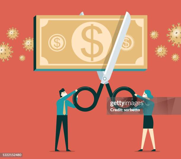 scissors cutting money from covid-19 - lowering stock illustrations