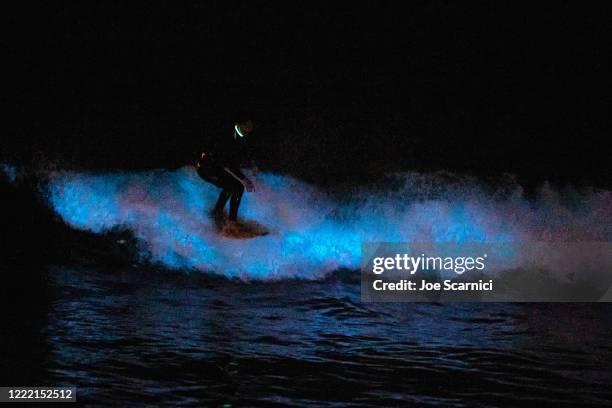 Surfer rides on a bioluminescent wave at the San Clemente pier on April 30, 2020 in San Diego, California.