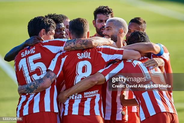 Club Atletico de Madrid players celebrate a goal during the Liga match between Levante UD and Club Atletico de Madrid at Estadio Camilo Cano on June...