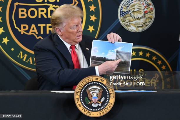 President Donald Trump shows a photo of the US/Mexico border wall as he speaks during a roundtable briefing on border security at the United States...
