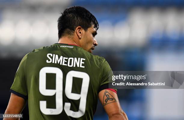 Giovanni Simeone of Cagliari Calcio looks on during the Serie A match between SPAL and Cagliari Calcio at Stadio Paolo Mazza on June 23, 2020 in...