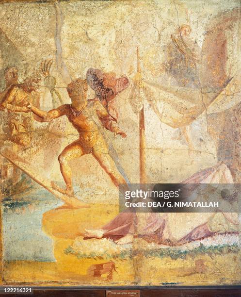 Roman civilization, 1st century A.D. Theseus leaving Ariadne, fresco. From Pompei.