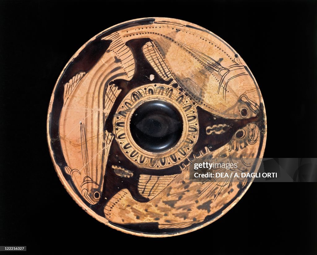 Etruscan civilization, Red-figure pottery, Plate depicting fish, From Spina, Ferrara Province