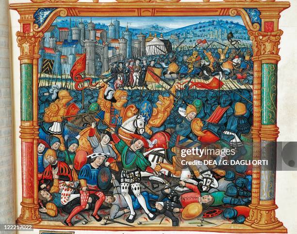 France, Burgundian Wars, The battle of Nancy , miniature From the Memoires by Philippe de Commynes .