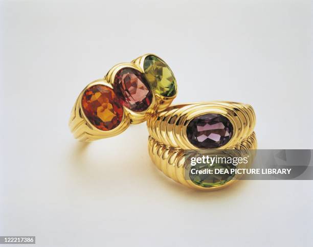 Jewelry - Italy - 20th century. Rings. Gold, amethyst, peridot, pink tourmaline and citrine. Bulgari.