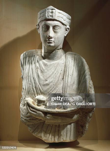 Egyptian civilization, Roman Period, 3rd-4th century. Funerary bust of priest, from Oxyrhynchos.