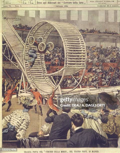 Spain, 20th century - Tragic "wall of death" trial during car race at Madrid's Price Theatre. Cover illustration from La Domenica del Corriere,...