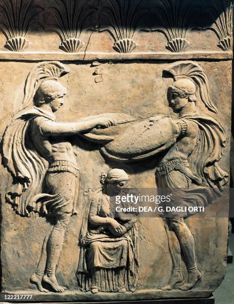 Roman civilization 1st-2nd century A.D. Relief depicting Jupiter as a child with the wet nurse and two warriors. From Italy.