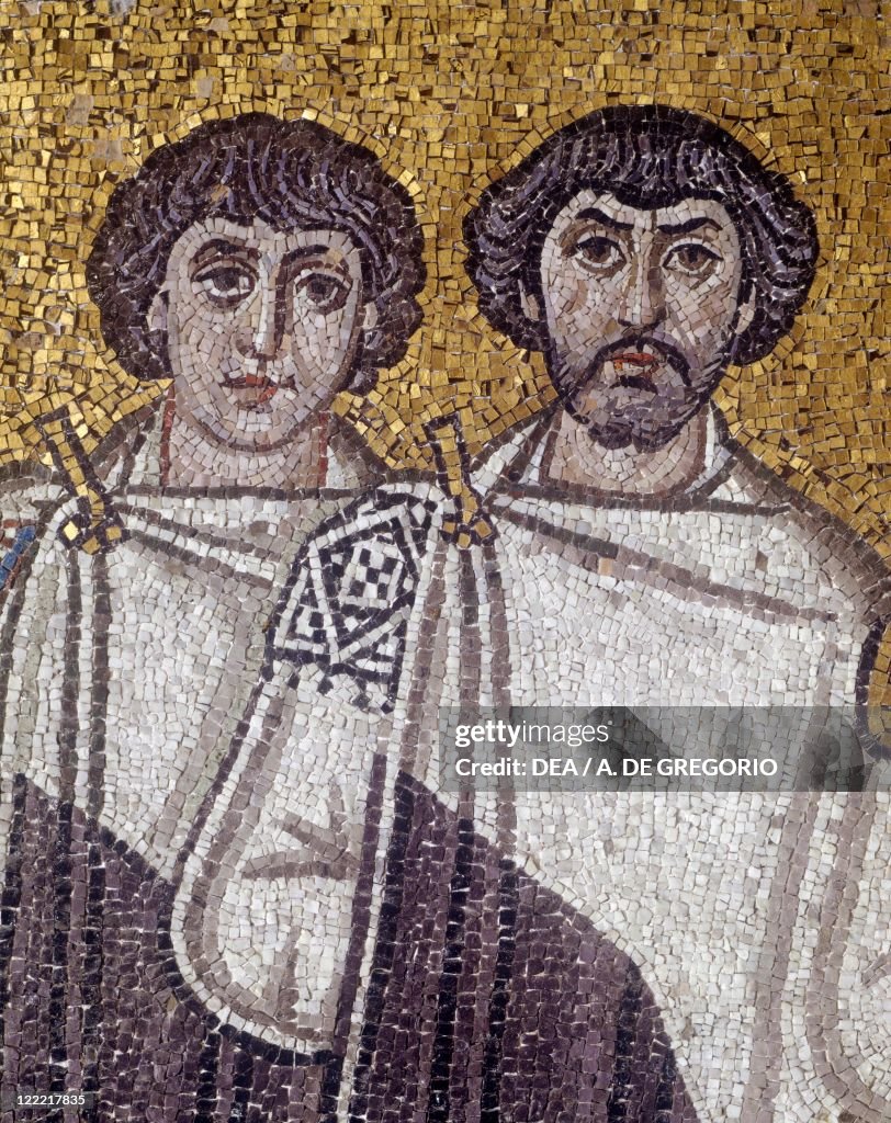 Italy, Emilia Romagna region, Ravenna, Basilica of San Vitale, Presbytery, Apsidal Byzantine mosaic. Detail with the Emperor Justinian and his retinue
