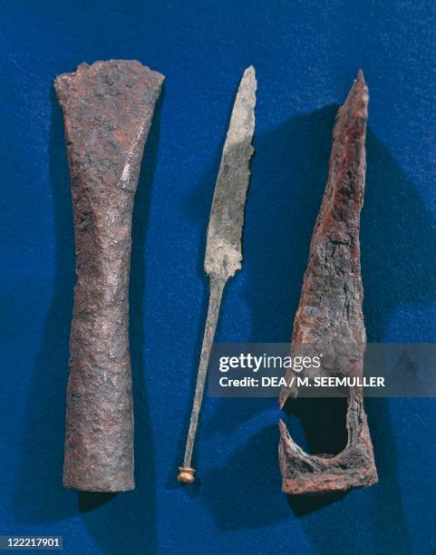 Prehistory, Denmark, Iron Age. Celtic iron axes and spears, 400 b.C. From excavations at Illerup.