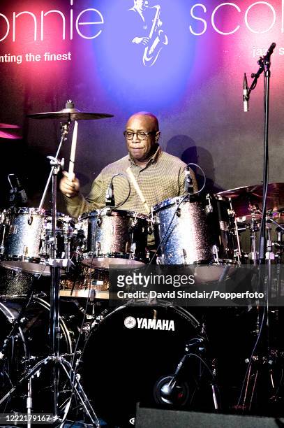 American jazz drummer Billy Cobham performs live on stage at Ronnie Scott's Jazz Club in Soho, London on 18th February 2013.